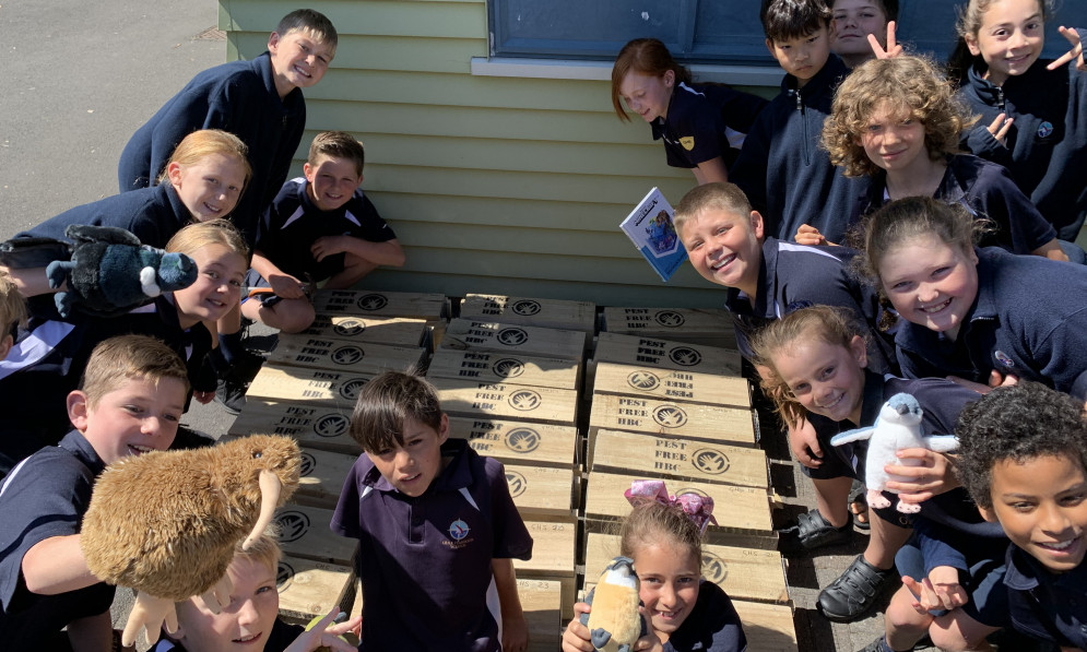 Primary school kids with pest-free Hibiscus coast traps