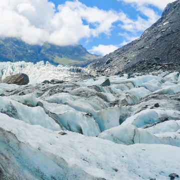 Glacial landscape showing large crevasses.