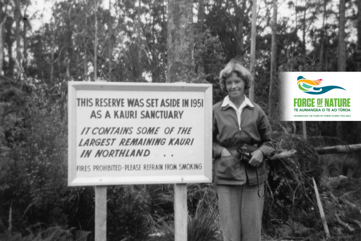 History project banner with old pic of Waipoua Forest kauri sanctuary with Miss Laurent next to a large sign