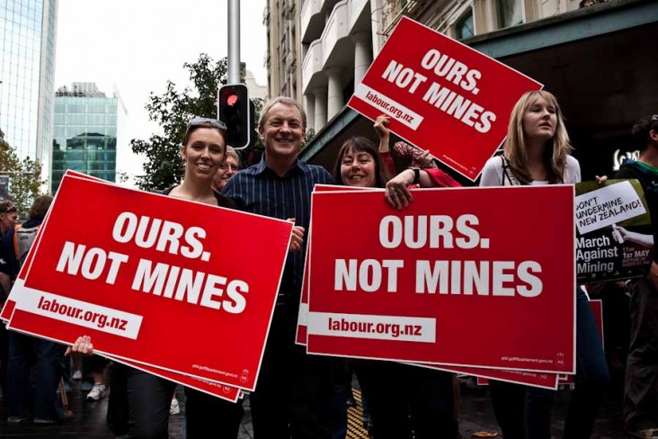 Jacinda Ardern & Phil Goff at an anti-mining protest on Queen St in May 2010