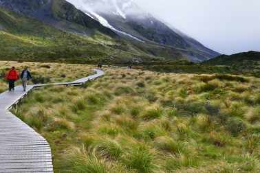 Valley landscape with two people walking on a boardwalk through tussock grass