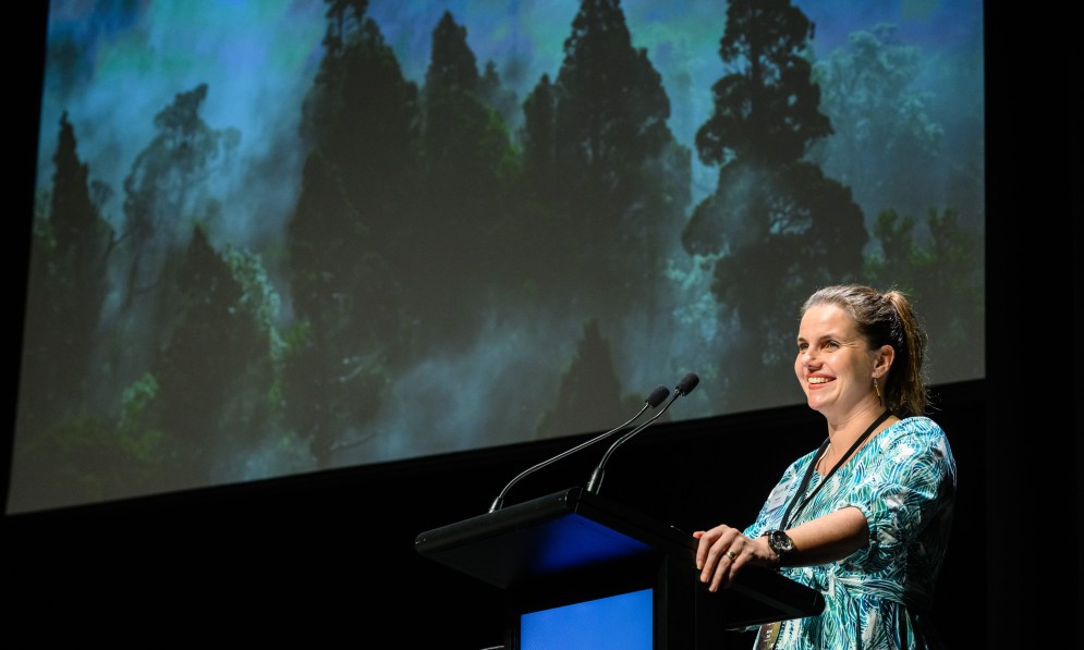 CE Nicola Toki delivering her State of the Nation address at Forest & Bird's Centennial Conference (July 2023). Image Mark Coote