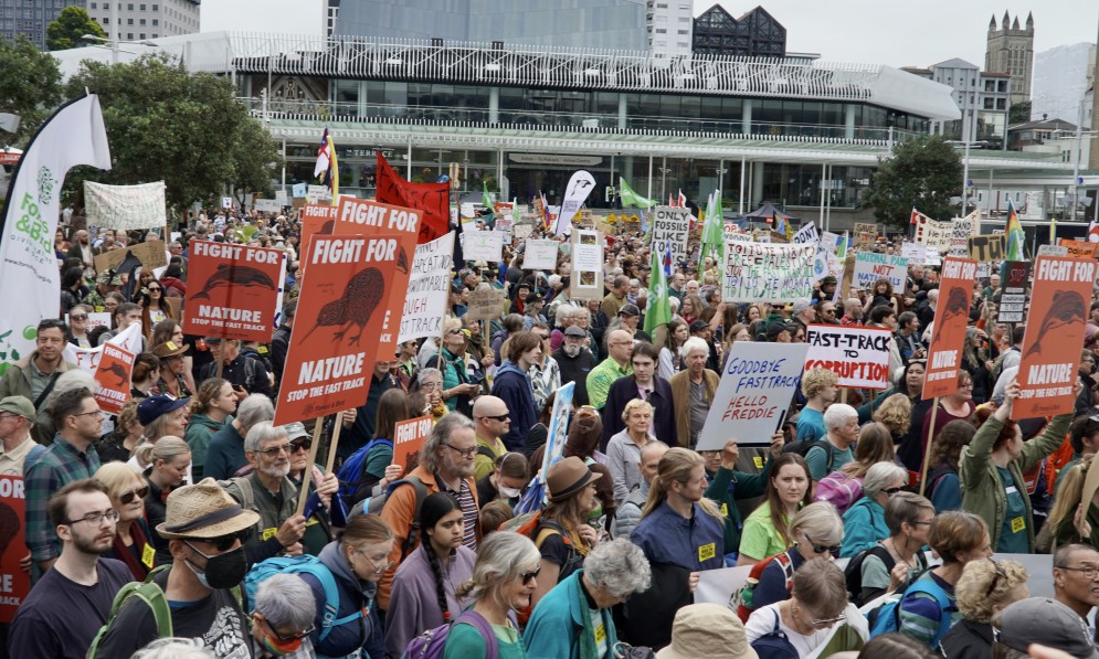 Forest & Bird’s red signs amid the huge crowd at Auckland’s March for Nature. Image Forest & Bird