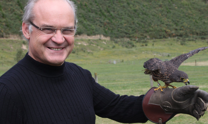 Rob holds a kārearea/New Zealand falcon.