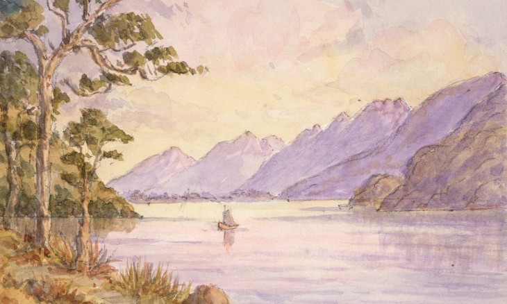 Lake McKerrow painted by Ernest Chapman in 1924. Credit Alexander Turnbull Library.