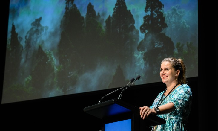 CE Nicola Toki delivering her State of the Nation address at Forest & Bird's Centennial Conference (July 2023)