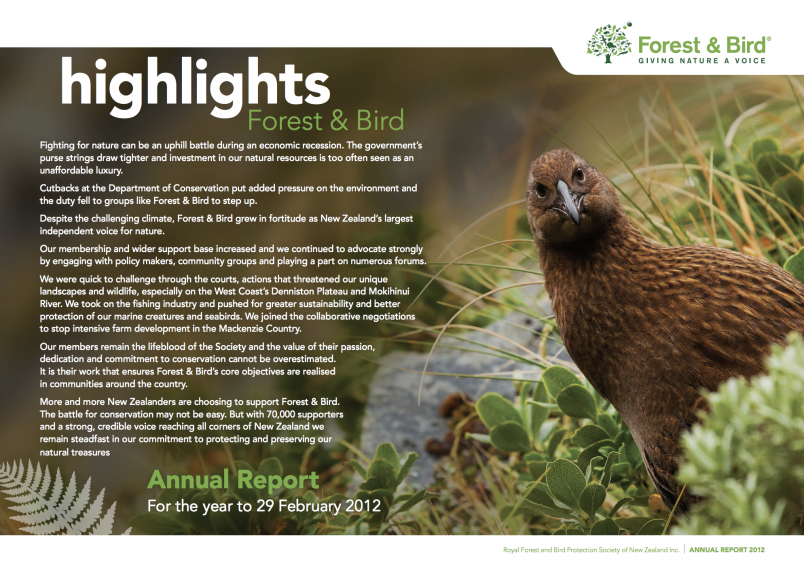 Forest & Bird Annual Report cover showing a weka
