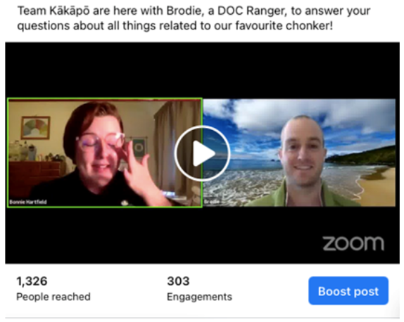 Team Kākāpō manager Bonnie on a Zoom call with a DOC ranger, 1326 people reached on Facebook