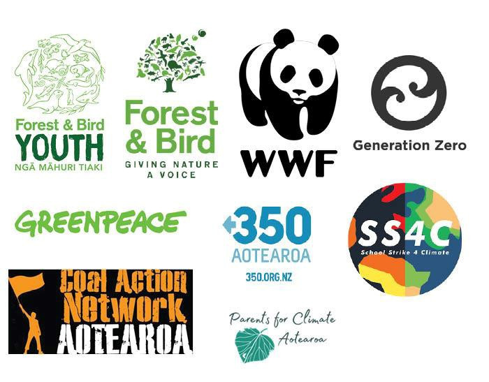 logos of WWF, Generation Zero, 350 Aotearoa, Coal Action Aotearoa, Parents for climate action, school strike 4 climate & Forest & Bird